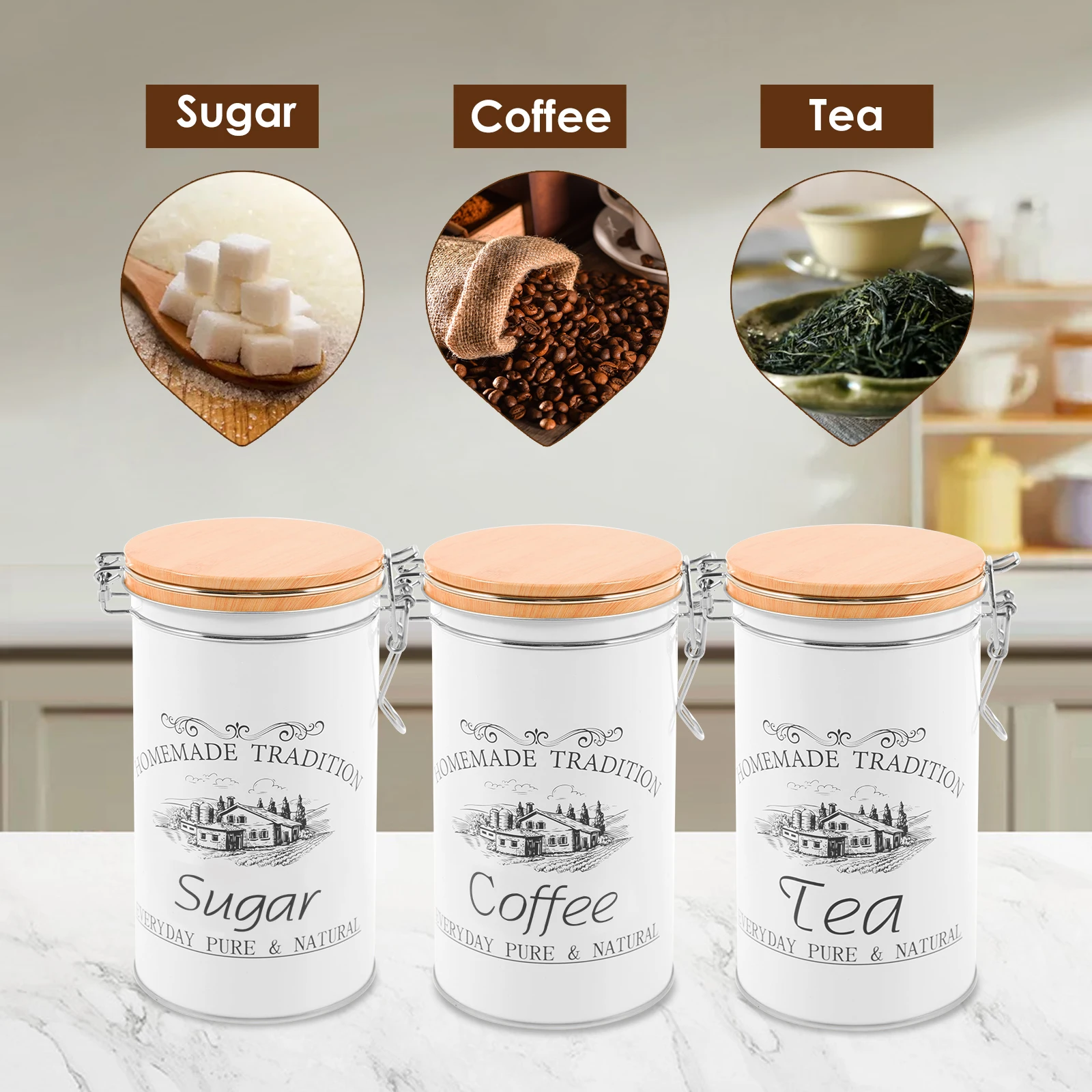 Juego de 3 Recipientes Metálic - Coffee Tea Sugar Container Set reseña y precio